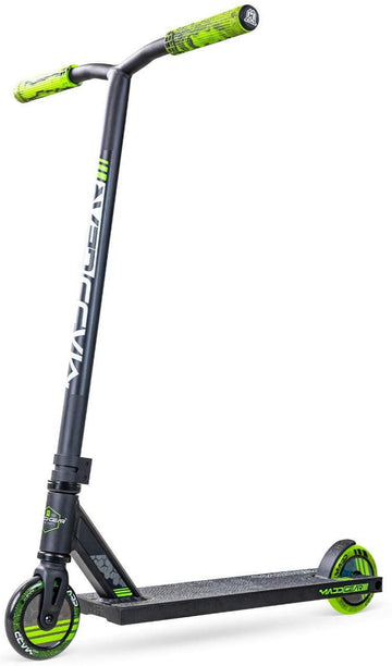 The Madd Gear (MGP) MG 3 Zen Complete Stunt Scooter in Black/Lime features green handlebar grips and wheels, a wide black deck, and bold "MADD GEAR" branding—ideal for your next adventure ride.