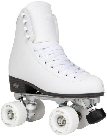 The Rookie Artistic Quad Roller Skates - White by Rookie feature a high-cut vegan leather boot for ankle support, metal frame, white laces and wheels, plus a black toe stop—perfect for those seeking stylish and ethical skating gear.
