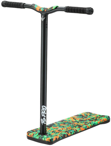 The Blunt Envy TS Pro 7.5 Indoor Trampoline Stunt Scooter - Orange Camo by Blunt Envy showcases a sleek black handlebar and a deck adorned with a vibrant geometric orange, green, and yellow pattern. Designed for customization, it features black grips and robust construction for all your freestyle adventures.