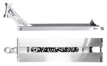 Two views of the CORE ST3 Forged Polished Street Stunt Scooter Deck by CORE (6.5" x 22.5"): side profile with grip tape and headtube, and bottom view featuring black graffiti-style graphics and branding along the center.