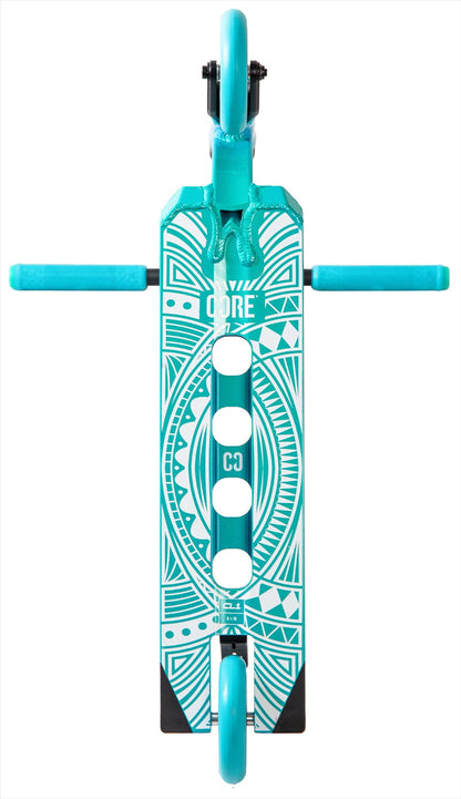 A top-down view of the CORE CL1 Complete Stunt Scooter - Turtlesent in turquoise, featuring geometric patterns and bold white circles on the deck, with matching handlebar grips and wheels—perfect for skatepark enthusiasts.
