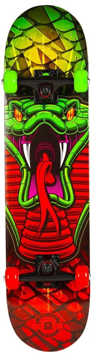 The Madd Gear MGP Pro Series Reptilia Red / Green Complete Skateboard features a vibrant 8" x 31" 9-ply maple deck with a fierce green snake design, complete with striking red eyes and tongue. It also comes equipped with black wheels, green and red trucks, and smooth ABEC 3 bearings, offering the perfect blend of style and performance.