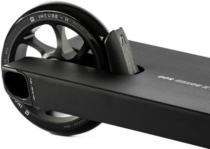 Close-up of the rear wheel, brake, and deck of a black scooter fitted with an Ethic DTC Stunt Scooter 8 STD Fender V2, highlighting detailed textures and design on the wheel and deck. Brand: Ethic DTC.