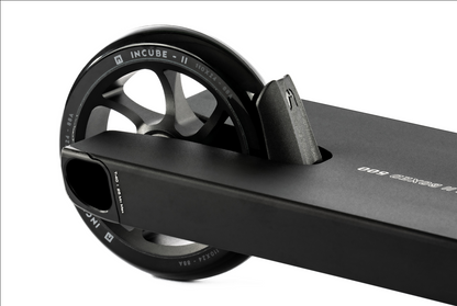 Close-up of the Ethic DTC Stunt Scooter 8 STD Fender V2 in black, highlighting the detailed rear wheel rim and integrated fender by Ethic DTC for enhanced stunt performance.