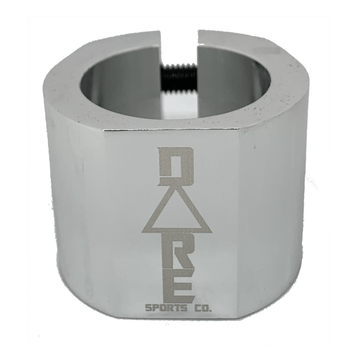 The Dare Warlord 2 Bolt Standard Stunt Scooter Clamp in chrome is depicted with a CNC machined finish and a hexagonal design. The clamp, made by Dare, has an engraved logo reading "DARE Sports Co." and features a visible screw on top for tightening or fastening. It is shown against a white background.