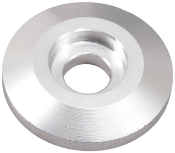 Introducing the Dial 911 IHC Scooter Compression Top Cap, a sleek and industrially designed conical washer. Crafted from lightweight aluminum, it features a central hole and tapers outward. Its smooth, shiny surface showcases a polished finish, making it an ideal choice for IHC scooter compression systems.