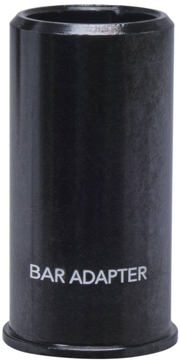 A stylish black cylindrical bar adapter with the phrase "BAR ADAPTER" elegantly printed on its glossy surface, seamlessly compatible with IHC bars, known as the Dial 911 SCS Scooter Bar Adapter - Standard Sized by Dial 911.