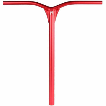 The Ethic DTC Dryade 67 Aluminium ICS/IHC Stunt Scooter Bars in a T-shape design feature a slightly curved top bar and a central vertical bar for support. These red scooter handlebars, measuring 670mm by 580mm, boast a sleek metallic finish and are renowned for their lightweight construction, offering superior performance on any ride.