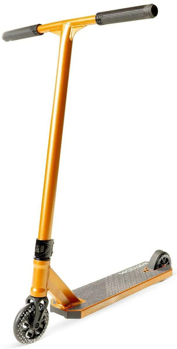The Madd Gear Viral KAOS Complete Stunt Scooter in copper, featuring black handle grips, two small black wheels, and a textured foot deck, is shown standing on a white background.