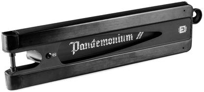 The Ethic Pandemonium V2 Boxed 8/12STD Black Stunt Scooter Deck - 5.9" features a rectangular, cut-out design and "Pandemonium" in white gothic lettering—perfect for trick riders seeking a standout, durable deck.