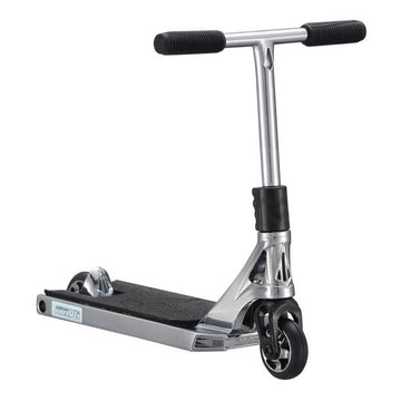 The Blunt Envy AOS V6 Finger Scooter in chrome features black handlebar grips, a black deck surface, and two black wheels, all showcased against a white background.