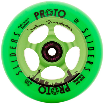 The Proto Slider Jordan Hanrahan Signature 110mm Stunt Scooter Wheel - Sin City features BUFF Core Tech, a city skyline, black "Jordan Hanrahan Signature" text, and a five-spoke core with the Proto logo—ideal for stunt scooters.