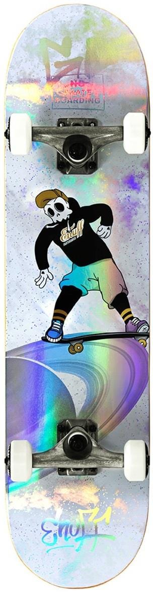 The Enuff Skully Hologram White Complete Skateboard features a cartoon skeleton in a cap and black hoodie, set against abstract rainbow patterns on a speckled gray backdrop, offering vibrant visuals and fun appeal.