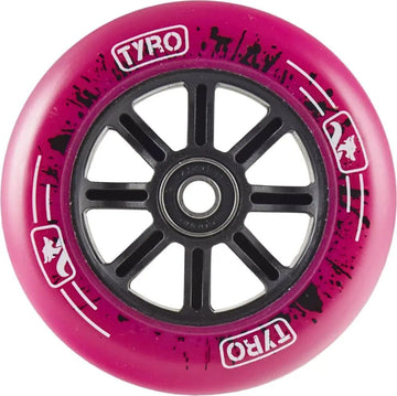 The Longway Tyro 100mm Nylon Core Scooter Wheel in pink features a durable nylon core, black spokes, central bearing, and an 88A urethane outer edge with white "TYRO" text, animal silhouettes, and splattered black graphics.