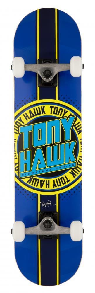 The Tony Hawk SS 180+ Badge Logo Blue/Yellow Complete Skateboard (7.5" x 31") features a bold central logo, striking blue and yellow design, and white wheels—an ideal complete skateboard for beginners from Tony Hawk.