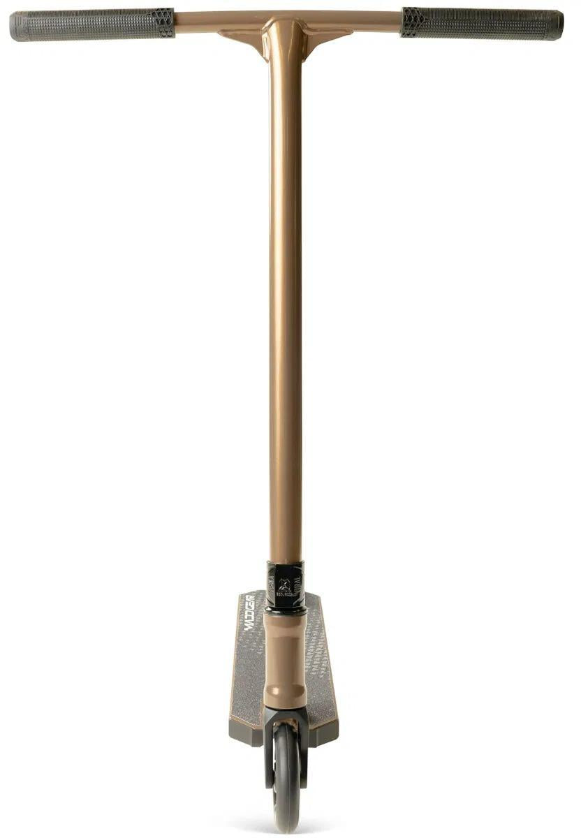 The Madd Gear Viral KAOS Complete Stunt Scooter - Ash, by Madd Gear (MGP), is shown from the front with T-shaped handlebars, a single front wheel, and a narrow deck.