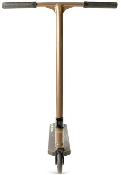 The Madd Gear Viral KAOS Complete Stunt Scooter - Ash, by Madd Gear (MGP), is shown from the front with T-shaped handlebars, a single front wheel, and a narrow deck.