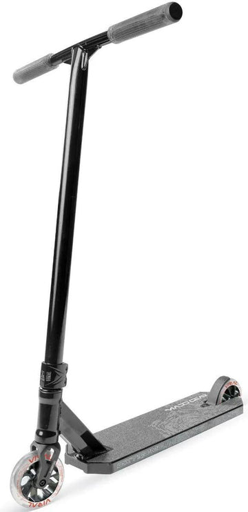 The Madd Gear Viral Extreme Complete Stunt Scooter in Black Shadow by MGP features a straight handlebar, two small wheels, and a textured foot deck, shown against a white background.
