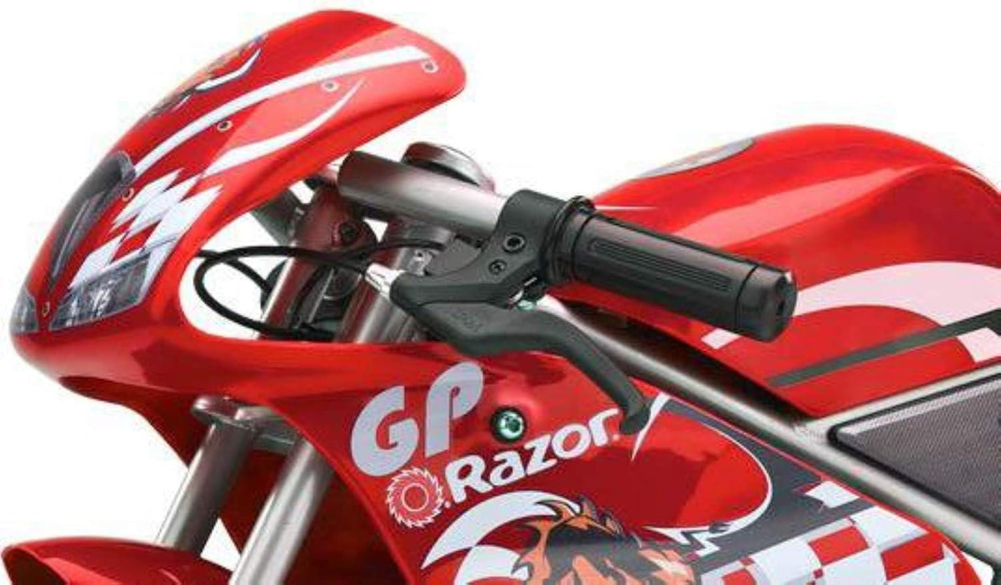 Close-up of the Razor Pocket Rocket Electric Bike - Red, featuring white graphics and logo on the front fairing and handlebars, with visible brake lever and part of the seat—this sleek kids' racing bike is from Razor.