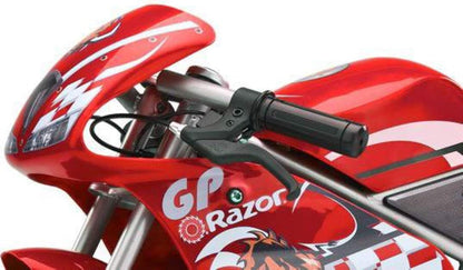 Close-up of the Razor Pocket Rocket Electric Bike - Red, featuring white graphics and logo on the front fairing and handlebars, with visible brake lever and part of the seat—this sleek kids' racing bike is from Razor.