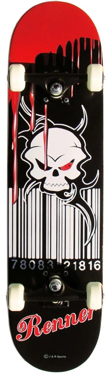 The Renner A20 Blood Soaked Complete Skateboard (7.75" x 31") features a striking skull graphic with red eyes, black horns, paint drips, and bold “Renner” branding—ideal for beginner skateboarders.