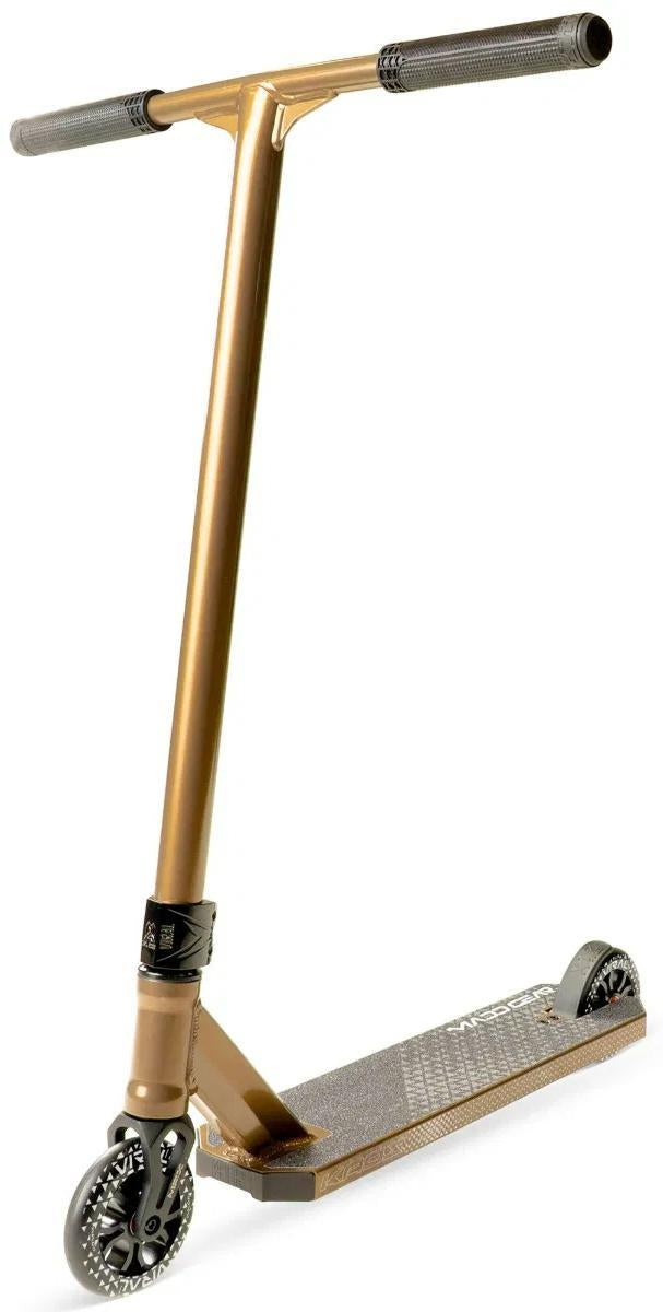The Madd Gear Viral KAOS Complete Stunt Scooter - Ash features a textured foot deck, black handle grips, and two small black wheels, shown at an angle on a white background.