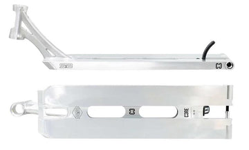 The CORE ST2 Forged Polished Street Stunt Scooter Deck, measuring 6" x 22", is shown in two views: one from the side and another from below. This polished silver deck, ideal for street riding, boasts sleek geometric cut-outs and visible branding with "CORE" and "S2." It also features a partially visible brake mechanism and a forged headtube for enhanced durability.