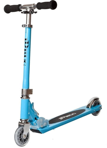 The JD Bug Junior Street MS100 is a stylish, sky blue, foldable kids' scooter with black handles and deck. It features two small wheels, a rear fender brake, and an adjustable design ideal for young riders.