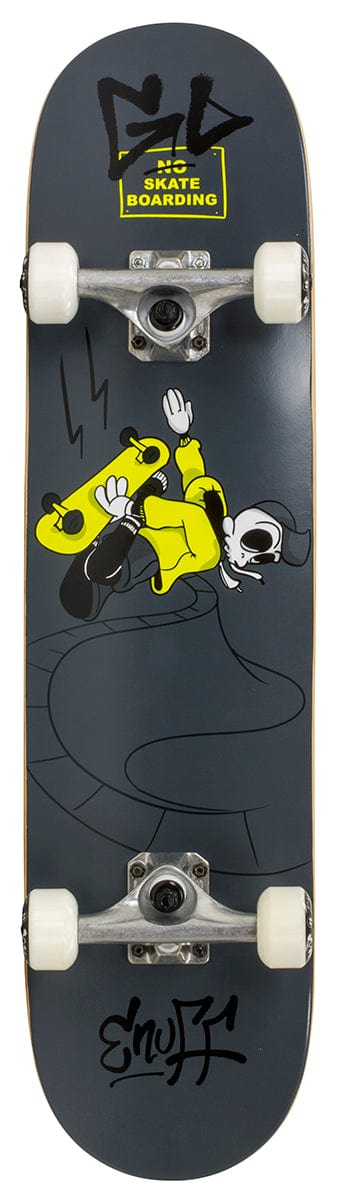 The Enuff Skully Black Mini Complete Skateboard by Enuff features a dark design with a cartoon character in a yellow outfit striking a dynamic pose amidst abstract graphics. This entry-level skateboard is constructed with a 7-ply maple deck, measures 7.25" x 29.5", and showcases white wheels along with logo decals at both ends.