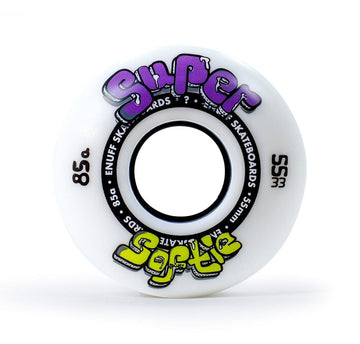 Get ready for an ultra-smooth ride with the Enuff Super Softie 55mm 85A Skateboard Wheels. Featuring the distinctive "Super Softie" design, these wheels showcase vibrant purple and yellow graffiti-style lettering on a classic white backdrop.