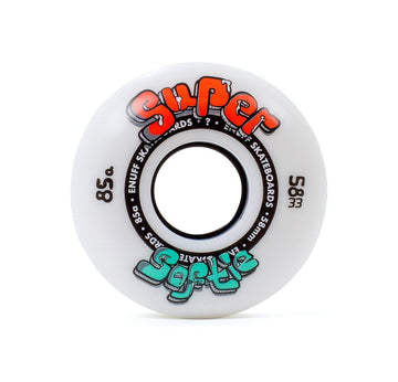 The Enuff Super Softie 58mm 85A skateboard wheels showcase a white design with the "Super Softie" logo in striking red and blue. They offer an ideal mix of performance and style with their 85A compound, complemented by Enuff's branding details around the edge.