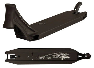 The Ethic DTC Erawan V2 Black Stunt Scooter Deck, measuring 4.72" x 21.25", is a park scooter deck that boasts a black color with white abstract art and cursive text on the underside. Made from robust 6065 aluminum, it has a rectangular shape with cutout edges, along with a headtube and brake attachment for a refined yet straightforward design.