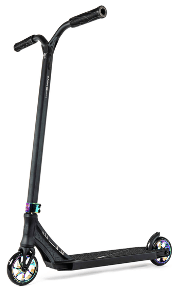 An Ethic DTC Erawan V2 Complete Stunt Scooter (M) in Neochrome, known for its sleek design, showcases a T-shaped handlebar, vivid holographic wheel cores, and a textured deck for grip. Featuring IHC compression, the scooter is presented against a plain white background.