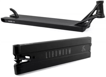 Two views of the Ethic DTC Lindworm V4 Black Stunt Scooter Deck - 6.2" x 22". The top image displays a side angle with a cutout design near the wheel mount, while the bottom image shows the underside, featuring "LINDWORM" and logo details. An ideal choice for any dedicated street rider looking for style and performance.