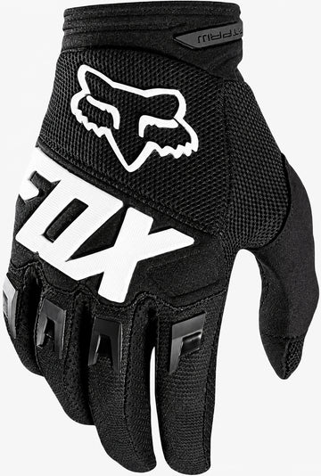 The FOX Dirtpaw Skate Protection Gloves in black/white feature a white FOX logo and lettering on the back, a padded palm for comfort, and are designed for motocross or mountain biking.