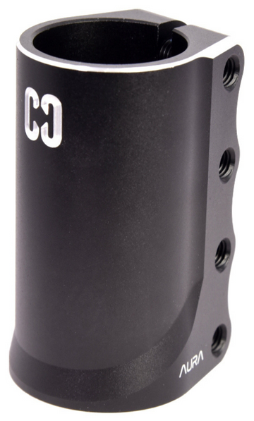 The CORE Aura 4 Bolt Oversized SCS Stunt Scooter Clamp in black features “CD” and “AURA” logos in white—ideal for secure stunt scooter performance.