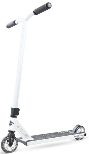 The Madd Gear (MGP) MG 4 Titan Complete Stunt Scooter in Arctic White features black handlebars and grip tape, two small wheels, and a sleek, modern design—ideal for action sports enthusiasts.