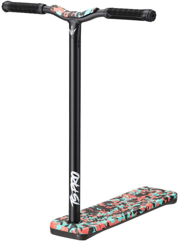 A Blunt Envy TS Pro 6 Indoor Trampoline Stunt Scooter showcasing a sleek black customizable scooter bar and a vibrant teal camouflage-patterned deck. The scooter is positioned upright against a plain white background.