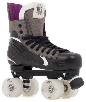 The Rio Roller Flow Hockey Quad Roller Skates feature a black and gray boot with a purple interior and sturdy black chassis, equipped with white "RIO ROLLER" branded flow wheels and a front black toe stop.