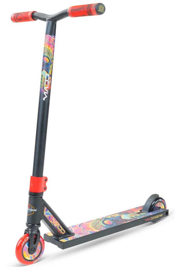 The Madd Gear MG 2 Obsidian Complete Stunt Scooter - Frenzy features red grips and wheels, a black frame, and a vibrant, psychedelic swirl deck design—making this Madd Gear (MGP) scooter an eye-catching choice for stunt scooter fans.