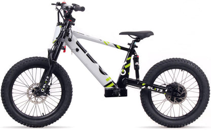 The Duo 20" Blitz Kids Electric Balance Bike in white/black features thick rugged tires, a sturdy frame, disc brakes, front suspension fork, and bold "BLITZ" branding—ideal for any terrain.