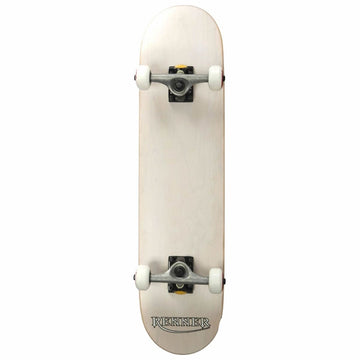 A top-down view of a Renner Pro Series White Complete Skateboard, measuring 7.75" x 31", showcases a plain light-colored deck crafted from 7 Ply Canadian Maple with white wheels. The word "RENNER" is elegantly printed at the bottom, hinting at its precision-engineered ABEC 9 bearings.
