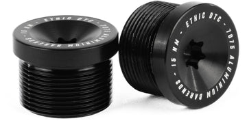 A pair of Ethic Flush Aluminium Stunt Scooter Bar Ends in black, featuring threaded exteriors and the engraved text "ETHIC DTC 7075 ALUMINIUM BARENDS 15 NM" around the top edge—premium bar ends by Ethic, shown standing and lying down on a white surface.