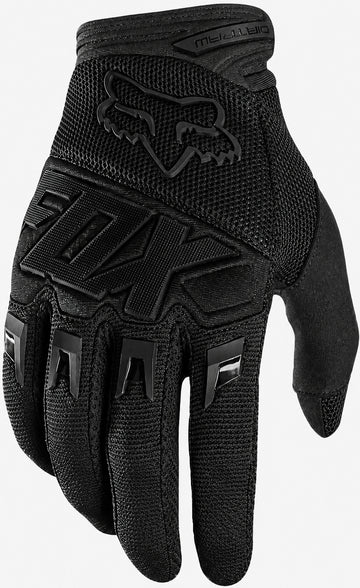 The FOX Dirtpaw Skate Protection Gloves - All Black feature textured fabric, armoured knuckle coverage, and the FOX logo on the back. Slightly curled fingers highlight full protection for knuckles and fingers.