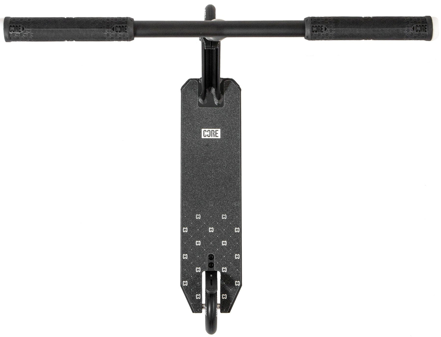 The CORE CG1 Complete Stunt Scooter - Black features a black deck, handlebars, and visible front wheel with the CORE logo, viewed from above. Ideal for beginners, this stylish CORE scooter stands out against a clean white background.