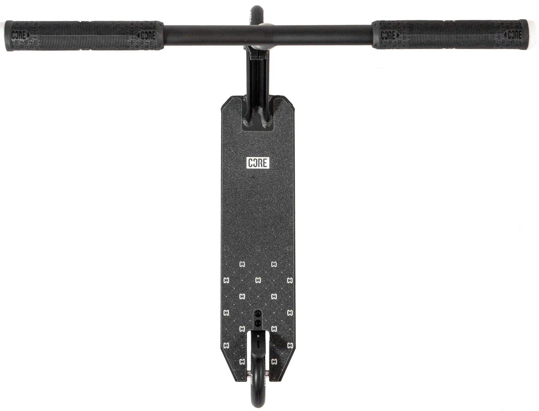 The CORE CG1 Complete Stunt Scooter - Black features a black deck, handlebars, and visible front wheel with the CORE logo, viewed from above. Ideal for beginners, this stylish CORE scooter stands out against a clean white background.