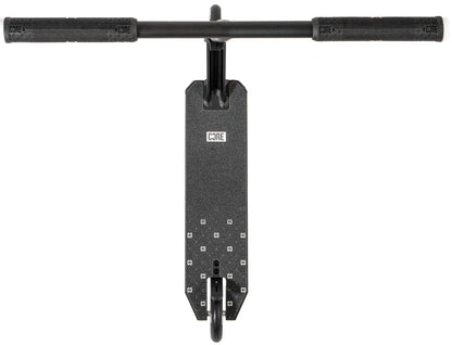 The CORE CG1 Complete Stunt Scooter - Black features a black deck, handlebars, and visible front wheel with the CORE logo, viewed from above. Ideal for beginners, this stylish CORE scooter stands out against a clean white background.