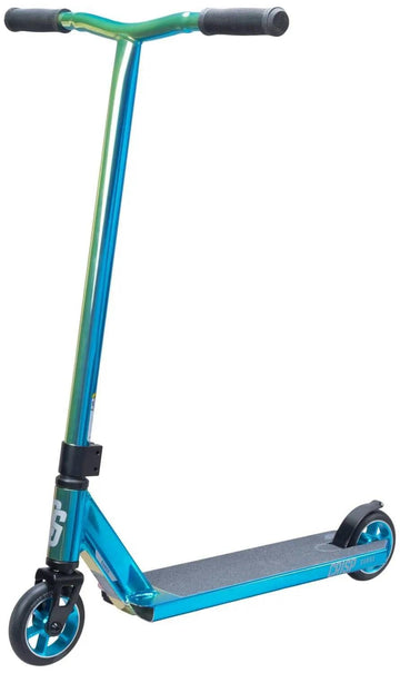 The Crisp Surge Complete Stunt Scooter - Full Neochrome by Crisp features a neochrome finish, black handlebar grips, black deck grip tape, and two small wheels—one at the front and one at the rear—shown against a white background.