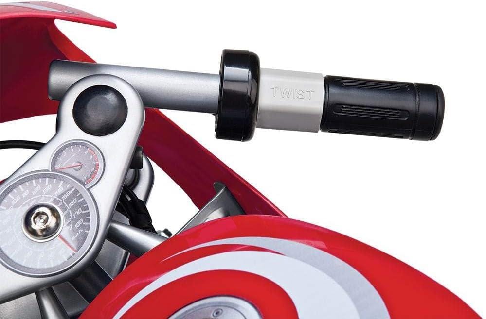 Close-up of the right handlebar on the Razor Pocket Rocket Electric Bike - Red by Razor, featuring the throttle grip marked "TWIST," a speedometer, and part of the dashboard with dials and metallic components.