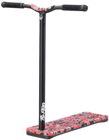 Introducing the Blunt Envy TS Pro 7.5 Indoor Trampoline Stunt Scooter - Red Camo, featuring a sleek freestyle design with a striking red camo pattern. Equipped with customizable black T-shaped handlebars, this scooter offers a modern and professional look suitable for both expert riders and those aspiring to enhance their skills.
